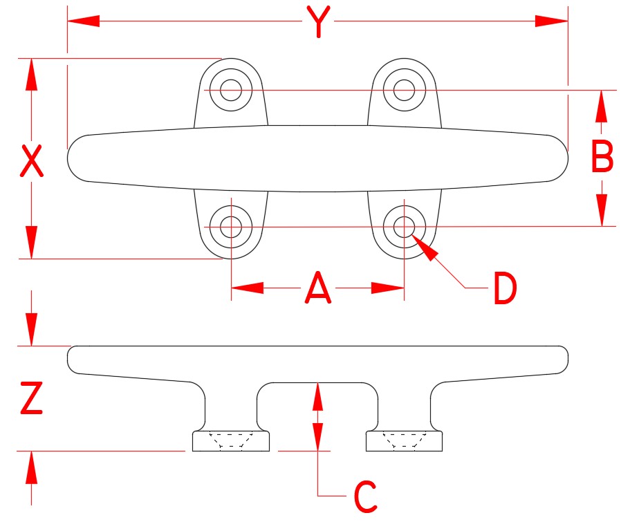 Stainless Steel Trimline Cleat, S3204-0000, S3206-0000, S3208-0000, Line Drawing